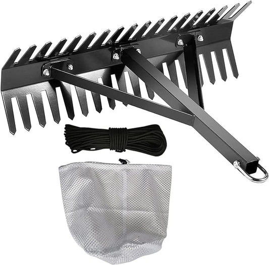 Shengyi Pond Rake - Steel Blades 16-32 inch Aquatic Weed Removal Tool, Double Sided Lake Weed Cutter with 66ft Rope