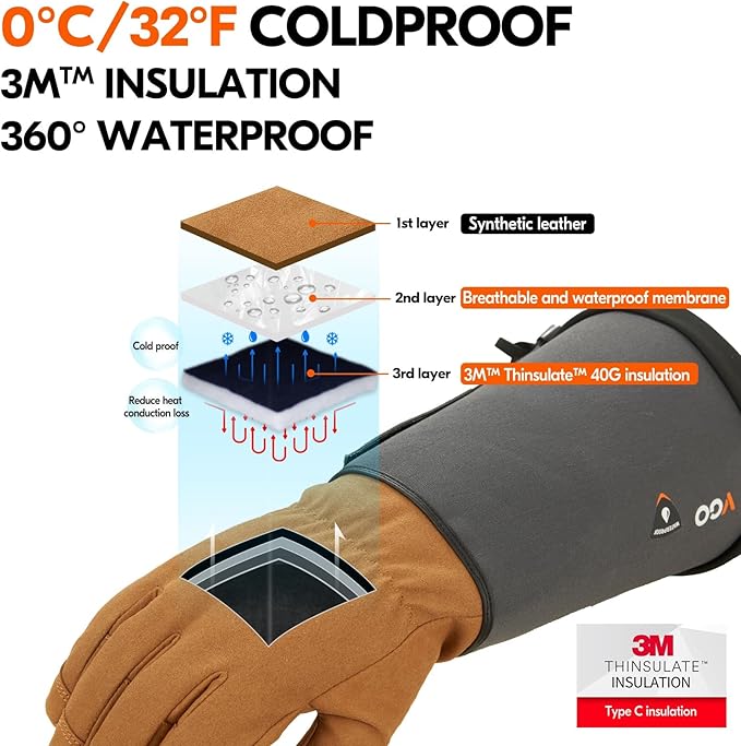 Vgo... Winter Warm Safety Work Gloves Men, Extended Pig Split Leather Cuff,Synthetic Leather, Rose Pruning Thorn Proof,Gardening(Size L,Brown,SL6592FLWP)