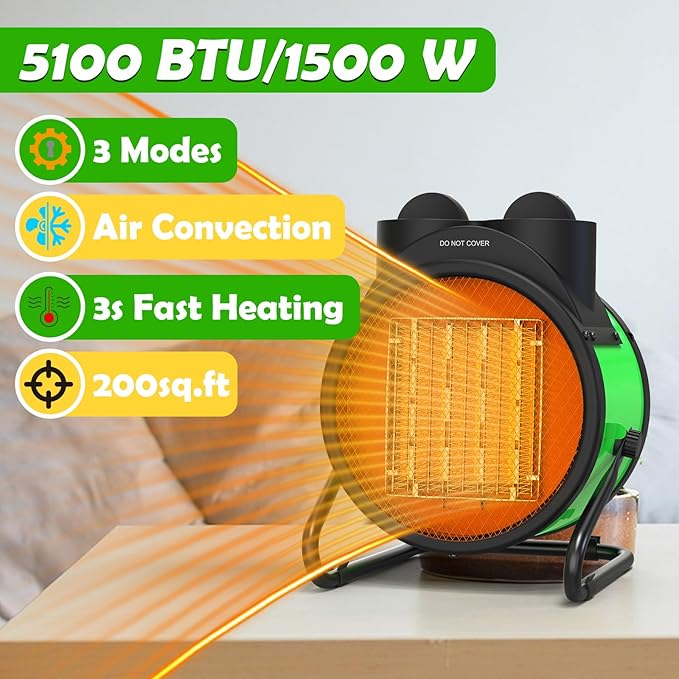 Outdoor Heaters for Patio, 1500W Portable Garage Heater with Overheat Protection & 3S Fast Heating, Non-Slip Cushion, Electric Space Heater for Patio, Garage, Greenhouse, Bedroom, Green