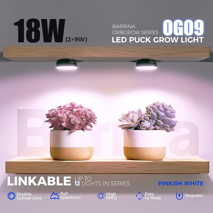 Barrina Orbgrow OG09 Puck LED Grow Light, Pinkish White 18W(2 x 9W, 270 Watt Equiv), Plant Lights for Indoor Plants Full Spectrum, Magnetic & Linkable, Small Grow lamp for Plant Shelf, 2 Packs, Black