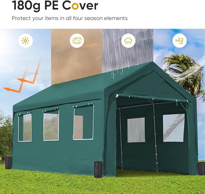ADVANCE OUTDOOR 10x20 ft Adjustable Height Carport with Removable Window Sidewalls and Doors, Heavy Duty Car Canopy Garage Party Tent Boat Shelter with Reinforced Poles, Green