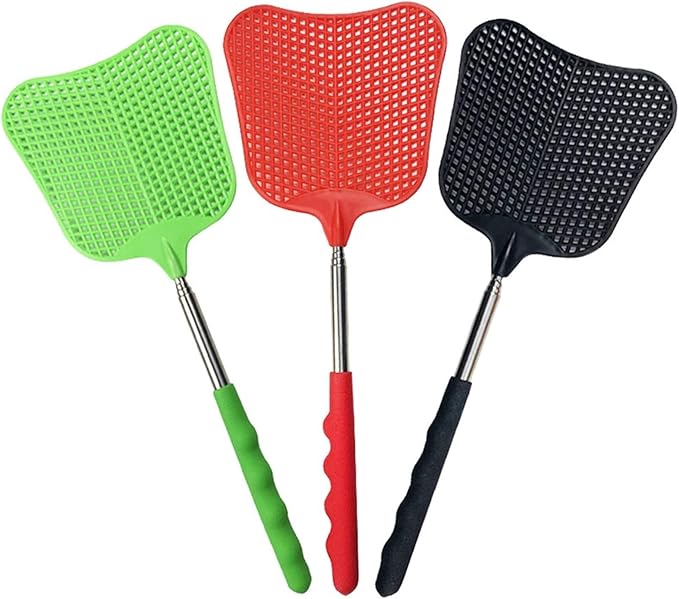 foxany Fly Swatters Extendable, Durable Plastic Fly Swatter Heavy Duty Set, Telescopic Flyswatter with Stainless Steel Handle for Indoor/Classroom/Office (3 Pack)