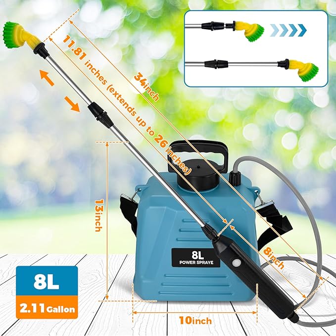 2 Gallon/8L Electric Sprayer, Powerful Electric Sprayer with 3 Mist Nozzles, Rechargeable Handle, Garden Sprayer w Adjustable Shoulder Strap for Lawn, Garden, Cleaning
