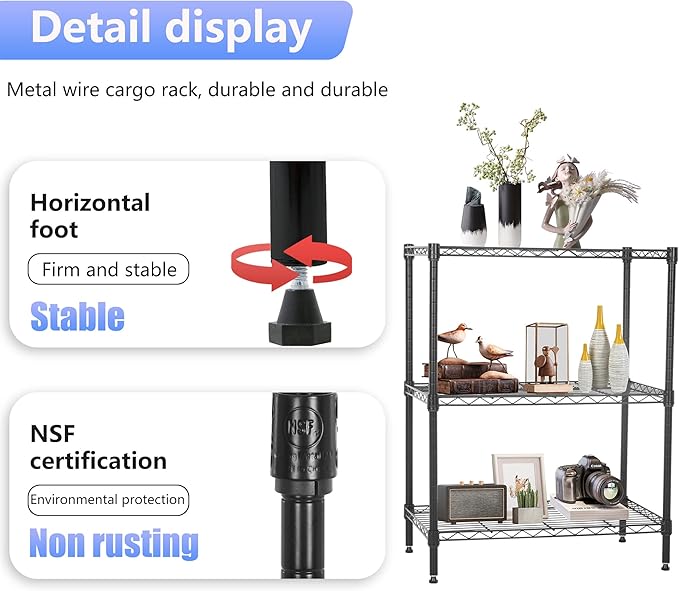 FDW Wire Shelving Units Adjustable Metal Storage Rack 23D x 13W x 30H 3 Tier Pantry Shelves NSF Kitchen Shelf for Kitchen Garage Commercial Small Places,Black