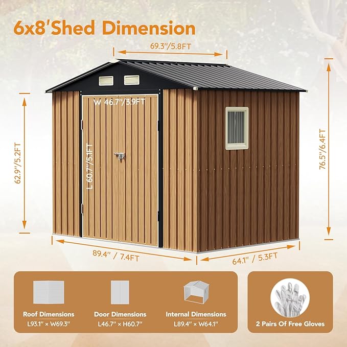 8X6 FT Garden Storage Shed with Lockable Door,Steel Tool Shed with 1 Clear Window, Anti-Corrosion Metal Shed for Backyard Patio Lawn (Wood Panels & Frame Floor Not Included)(Light Wood Grain)