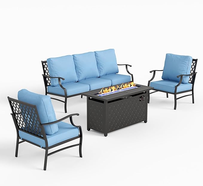 4 Piece Metal Outdoor Patio Furniture Sets with 5000 BTU Firepit Table, Patio Conversation Sets 1 3-Seater Sofa, 2 Fixed Chair with 5.75" Thick Cushion, Black Backyard Furniture, Blue