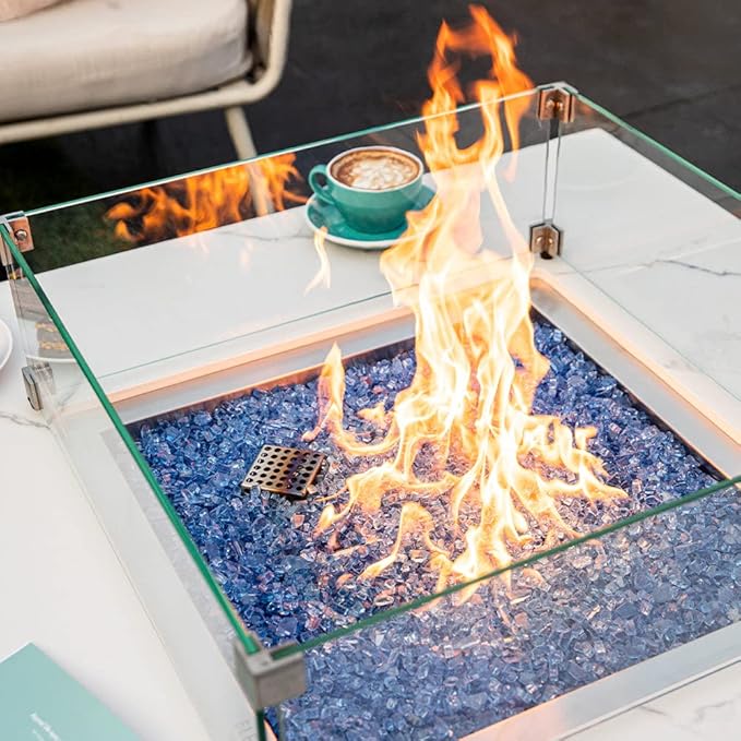 Bianco Marble Fire Pit 39.4" x 39.4" Outdoor Patio Firepit Includes Fire Glass Modern Fire Pits & Outdoor Fireplaces for Garden, Deck, Indoor & Outdoor Heating