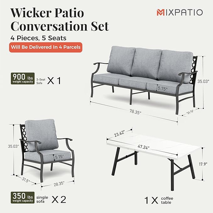 Patio Furniture Set 4 pcs, Metal Outdoor Patio Furniture, 3-Seat Sofa, 2 Single Chairs, Metal Coffee Table and 5.75" Extra Thick Cushion, Patio Conversation Set for Garden Backyard Deck,Grey