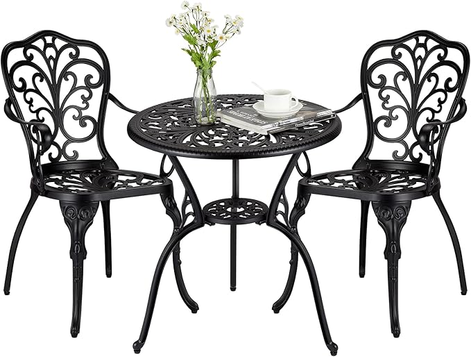 3 Piece Bistro Set, Outdoor Bistro Table and Chairs Set of 2, Rust-Resistant Cast Aluminum All Weather Patio Outdoor Bistro Set with Umbrella Hole for Backyard, Balcony, Front Porch, Black