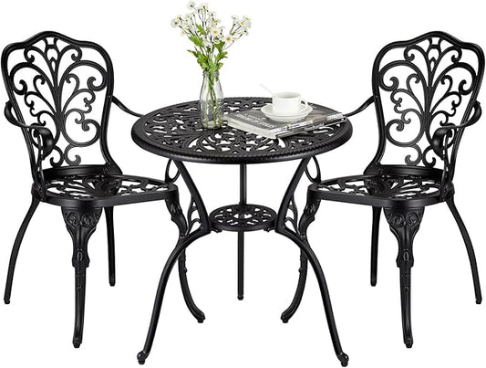 3 Piece Bistro Set, Outdoor Bistro Table and Chairs Set of 2, Rust-Resistant Cast Aluminum All Weather Patio Outdoor Bistro Set with Umbrella Hole for Backyard, Balcony, Front Porch, Black