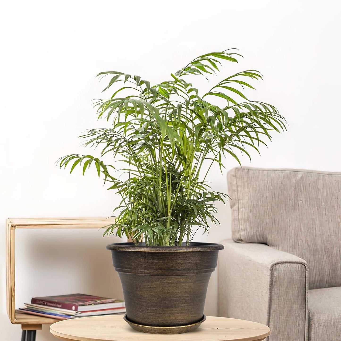 Plant Planters Pots Set of 4 Pack 10 Inch, Plastic Flower Pot for Indoor Plants with Drainage Holes & Trays, Resin Decorative Container Sets with Saucer for House Outdoor Garden Planters Dark Gold