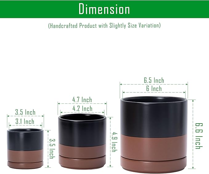 D'vine Dev 3 Inch & 4 Inch & 6 Inch, Set of 3 Round Ceramic Planter Pot with Drainage Hole and Saucer, Black/Speckled Tan, 94-T-S-7
