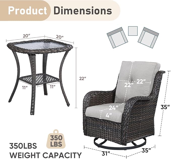 Patio Wicker Chairs Swivel Rocker,3 Pieces Patio Furniture Set with 360 Degree Wicker Swivel Rocking Chairs and Side Table for Garden,Porch,Backyard