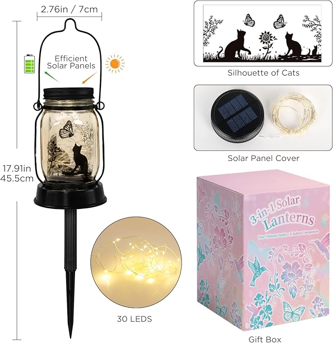 Cat Solar Lanterns Cat Gifts for Women Men Cat Lovers Gifts Hanging Cat Lanterns with Stake for Yard Lawn Garden Decor Black Cat Lantern Torches