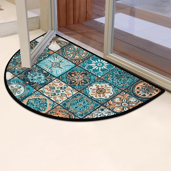 cfpolar Non-Slip Soft Half Round Door Mat, Retro Tribal Plaid Semicircle Mat for Indoor Entrance Garage Bath Living Room Patio 24 x 36 in