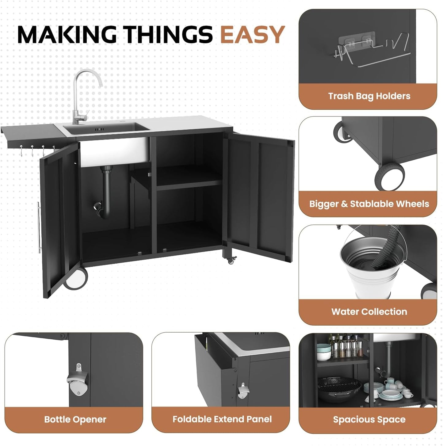 Outdoor Kitchen Sink with Hose Hook up, Stainless Steel Worktable Kitchen Cabinet Island, Grill Prep Table Work Station, Grill Cart for Garden, Backyard and Lawn