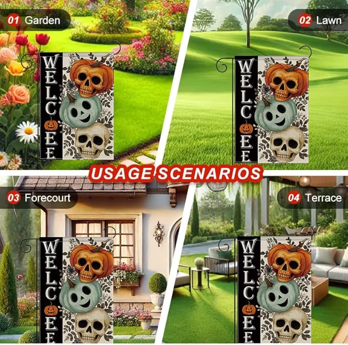 Halloween Garden Flag 12x18 Inch Double Sided, Skull Pumpkin Welcome Yard flag, Spooky Outdoor Party Decoration for Porch, Patio, Lawn, Garden, Indoor & Outdoor Halloween Décor