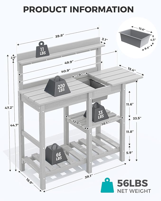 SERWALL Potting Bench Set of 2 Outdoor Potting Table with Sink, HDPE Potting Benches for Outside Gardening Table All Weather Use- Spanish Gray