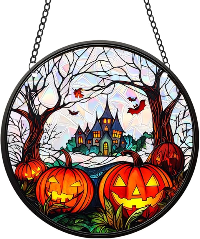 Halloween Sun Catcher - 8 Inch Round Suncatcher for Window Hanging Decoration - Creates Indoor Rainbows Light Refraction - Spooky Ghost, Witch, Pumpkin Design - Suction Cup Hook & Chain