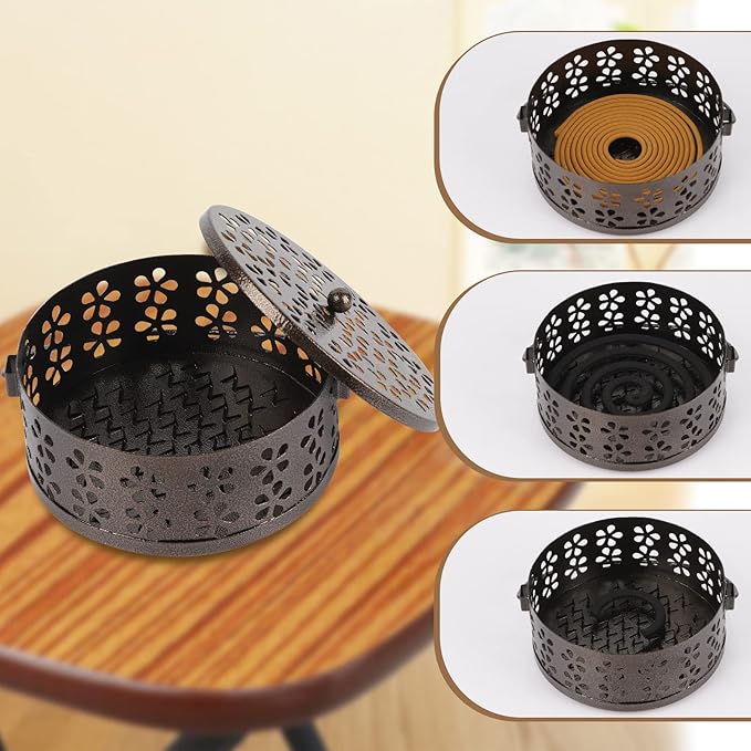 Portable Iron Mosquito Coil Holder with Handle Round Heat-Resistant Incense Holder for Home Office Camping (2Pack Bronze)