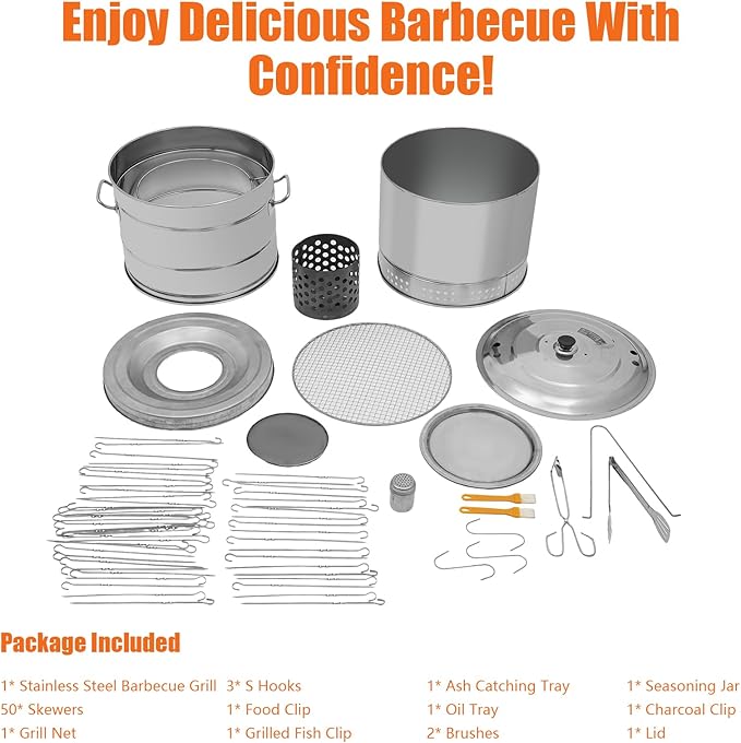 Large Portable Charcoal Grills, Stainless Charcoal BBQ Grill Barrel 360° Smokeless Outdoor with 50 Skewers, Boiling Pot Barbecue Smoker Grill for Travel, Outdoor Cooking and BBQ