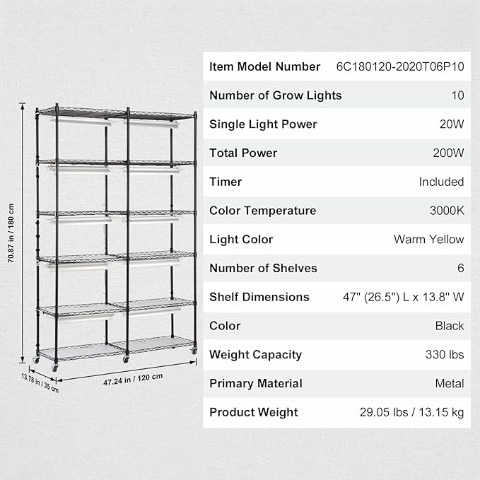 VEVOR Plant Stand with Grow Light, 6-Tier Large Tall Plant Shelf with 3000K 200W Full Spectrum Grow Light, Indoor Grow Light Shelf with Timer and Wheel for Seed Starting 47.2" L x 13.8" W x 70.8" H