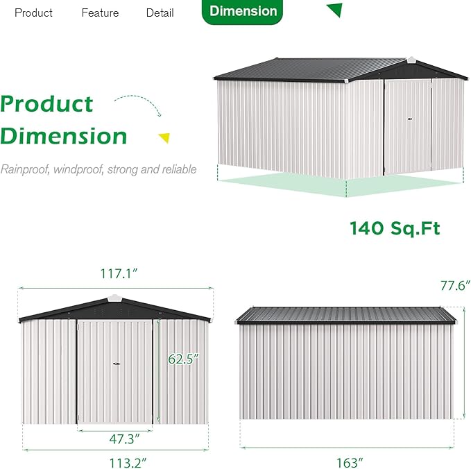 U-MAX 10x14 Shed, 14x10 Metal Outdoor Storage Shed, Large Outside Storage Garden Sheds & Outdoor Storage Clearance, Tool Shed Lockable for Backyard, Patio and Outside Use in White