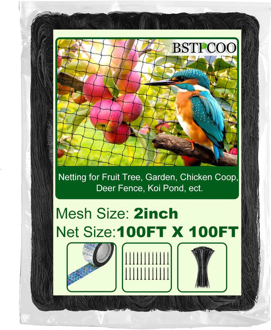 Chicken Netting Roof Hawk 100'x100' with 2" Mesh, Heavy Duty Bird Nettings for Garden with Birds Scare Tape, Nylon Bird Netting for Chicken Coop, Avian Nettings Deer Fence Fruit Tree Net