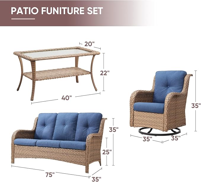 4 Piece Patio Furniture-All-Weather PE Wicker Outdoor Patio Furniture with Swivel Rocker Chairs,Outdoor Couch, Set with Coffee Table-Yellow/Blue