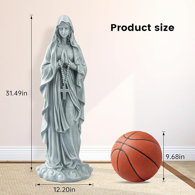 Virgin Mary Praying Statue 31.49 Inch Tall Outdoor Garden Religious Garden Outdoor Yard Patio Deck Home Entryway Hallway Sculpture Magnesium Oxide Stone （Grey Virgin）