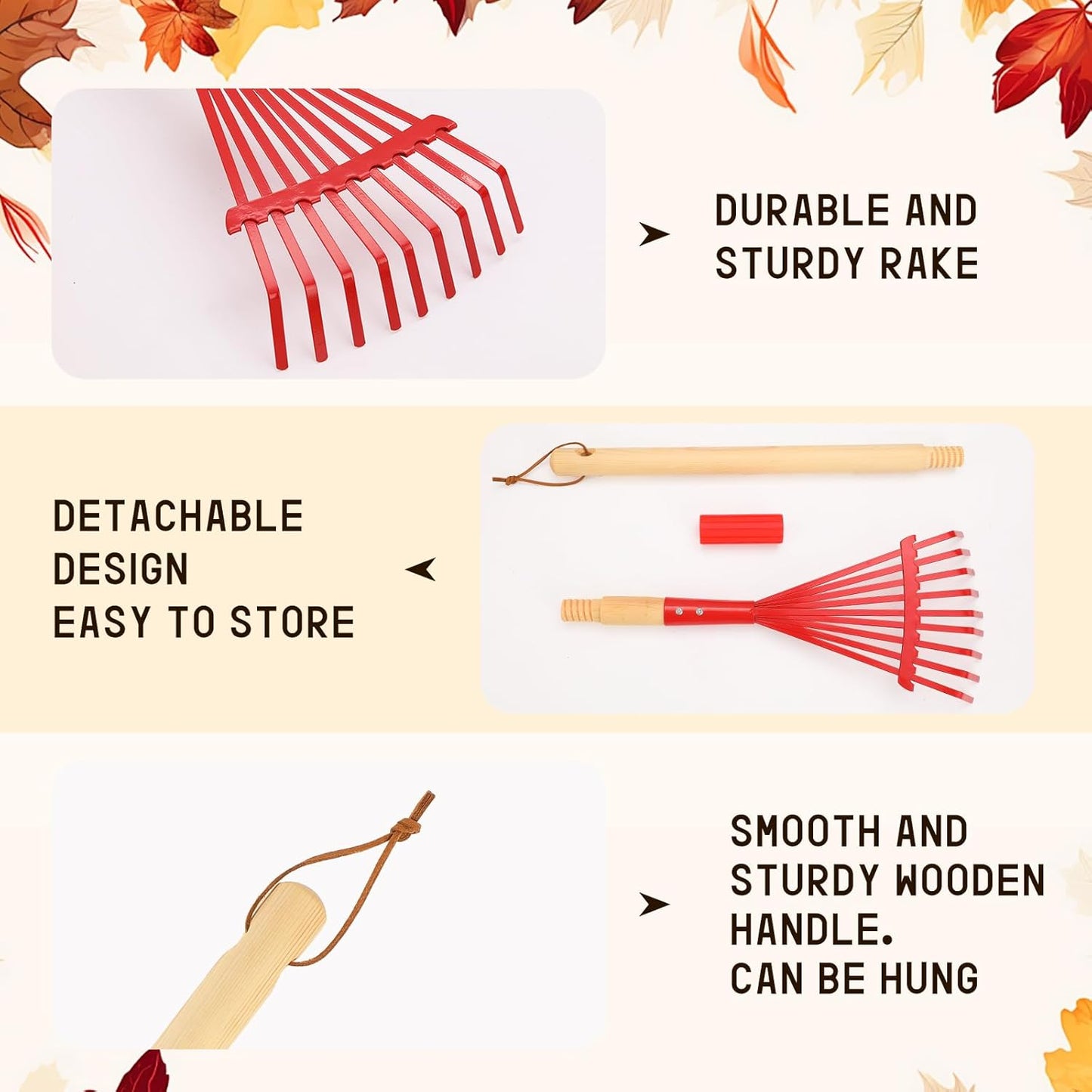 Kids Rakes with Hardwood Handle - Metal Kids Leaves Rakes, 28" Child Size Lawn Rakes with Vibrant Red Heads, Garden Tool Set for Kids Boys and Girls