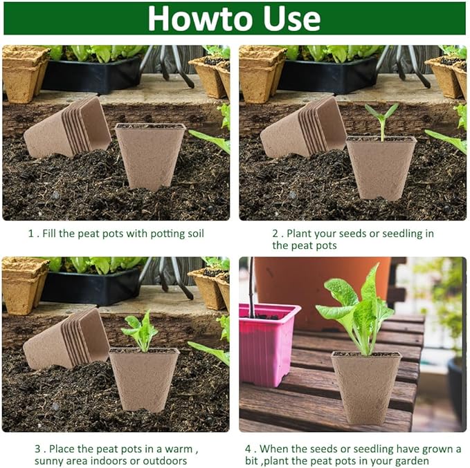 Seed Starter Trays, 174 Pcs 3.15 Inch Square Biodegradable Peat Pots, Drainage Holes Nursery Pot, (Light Brown Square)