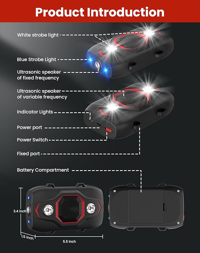 Ultrasonic Rodent Repellent for Car Engines, Under Hood Mouse Repellent with 4 LED Strobe Lights, USB Powered, Keep Rats, Mice and Squirrels Away from Vehicles, RVs, Garages, Attics (1, Black)