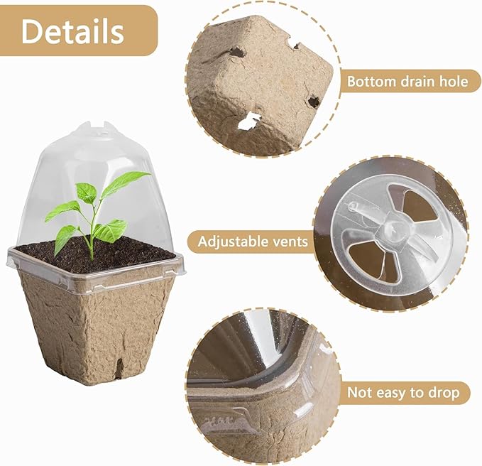 PURPLE STAR 40pc Seeding Starter Pots - 2.3in Square Biodegradable Peat Pots with Humidity Dome - For Garden Vegetable & Flower Germination