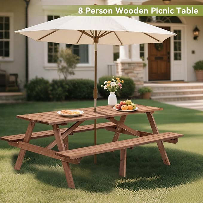8-Person Wooden Picnic Table with 2 Built-in Benches, 75" L x 50" W Outdoor Dining Table, 2220lb Capacity Includes Umbrella Hole, Perfect for Backyard, Camping, Natural