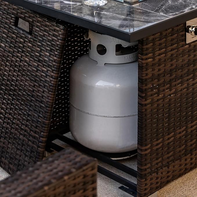 30'' Propane Fire Pit Table, Marble Textured Ceramic Tabletop, 50,000 BTU Fire Table with Brown Wicker, Mix Color Glass Rocks, Including Lid&Cover, Square