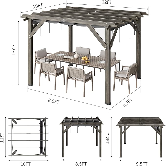 10x12 Ft Outdoor Wood Pergola with Retractable Roof & Mounting Kit Wooden Gazebo, Premium Support Structure, Wind and Snow Supported, Modern Outdoor Pergola for Porch, Grapevine and Deck