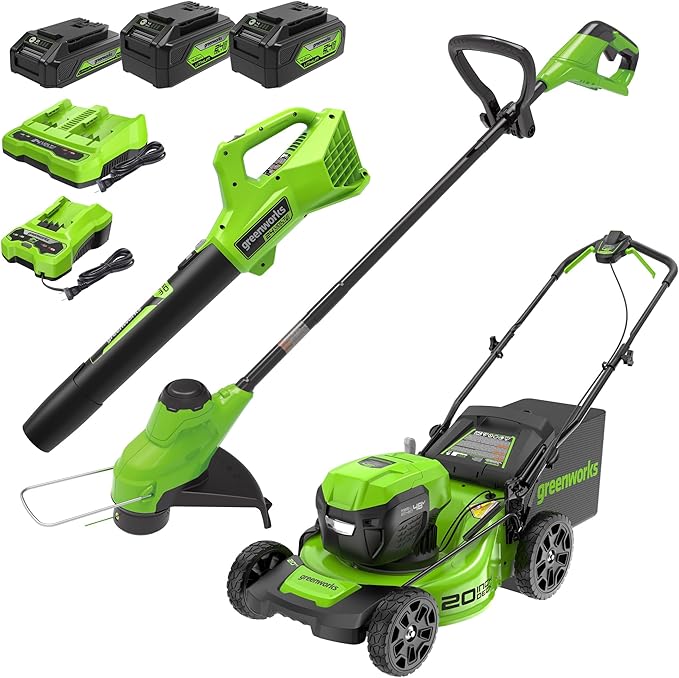 Greenworks 48V (2x24V) Electric Lawn Mower Combo Kit: 20"Steel Deck Push Mower, 12" String Trimmer, 320 CFM Blower, 3 Batteries & 2 Chargers, 3-Year Warranty.