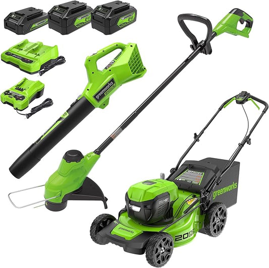 Greenworks 48V (2x24V) Electric Lawn Mower Combo Kit: 20"Steel Deck Push Mower, 12" String Trimmer, 320 CFM Blower, 3 Batteries & 2 Chargers, 3-Year Warranty.