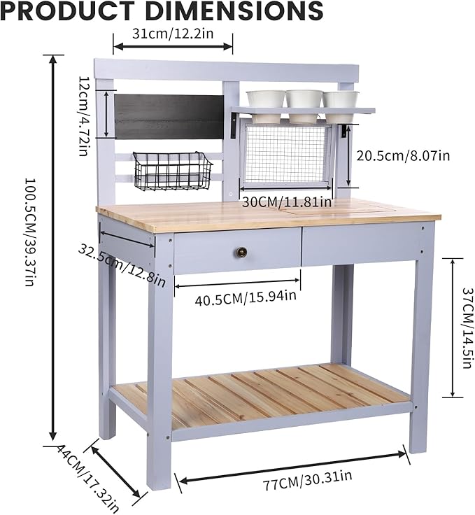Kids Potting Bench Table Outdoor Garden Table Wooden Work Station Outdoor Garden Work Bench Platform with Removable Sink Hooks 3 Side Flower Pots Natural Wood Blue Gift for Boys Girls