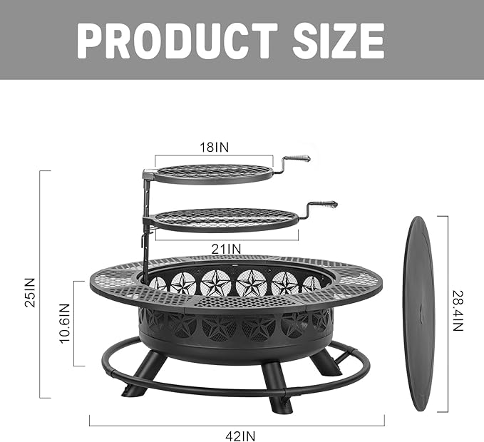42 Inch BBQ Fire Pit with 2 Grills,3-in-1 Outdoor Round Metal Fire Pit Table with Lid,Fire Poker,Large Outdoor Wood Burning Firepits for Outside,Picnic,Bonfire Backyard Patio(Black)