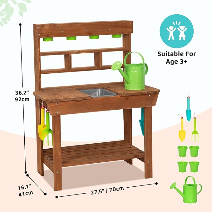 OOOK Potting Bench with Removable Sink, Potting Benches for Outside, Mud Kitchen for Kids Outdoor with Gardening Tools, Watering Can, Flower Pot, Ideal Gift for Boys and Girls 3+, Solid Fir Wood
