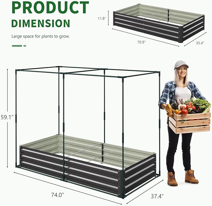 Galvanized Raised Garden Bed with Crop Cage Plant Protection Net Tent Kit for Garden Plant, 74"x37.4"x 59" Plants Protection Tent Cage Metal Planter Box Bottomless Planting Vegetables Outdoor