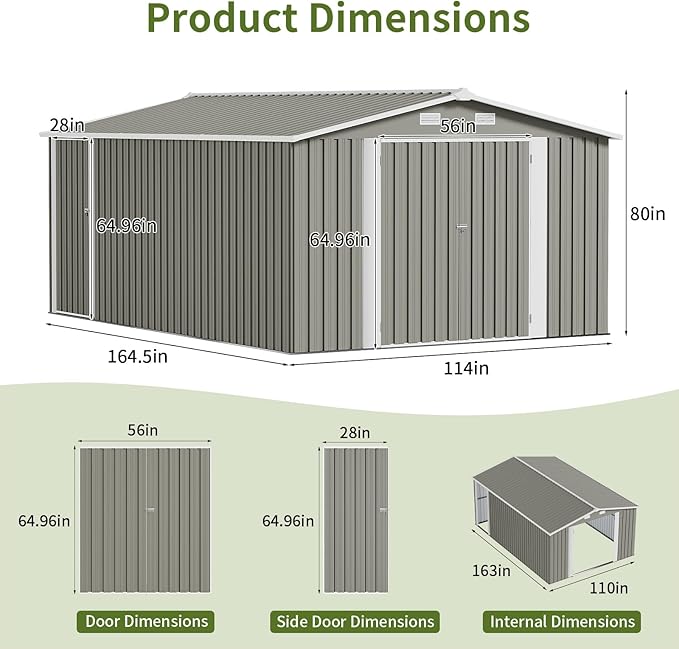 10×14 FT Outdoor Storage Shed, Light Grey Workshop Shed with 3 Lockable Doors & 4 Vents for Backyard, Patio, Lawn, Garden Tool & Lawn Mower Storage - Ideal for Homeowners, Gardeners & DIYers