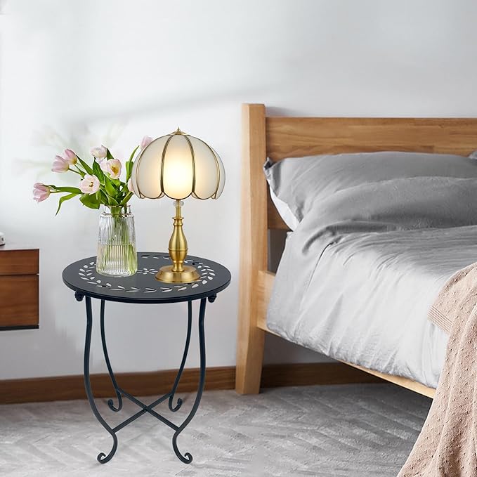 Round Side Table, 1 Pack 14 Inch Bedside Table for Living Room, Bedroom, Weather Resistant Black Metal Outdoor Side Table for Patio Balcony Yard Porch Garden, Plant Stand for Indoor Outdoor Use