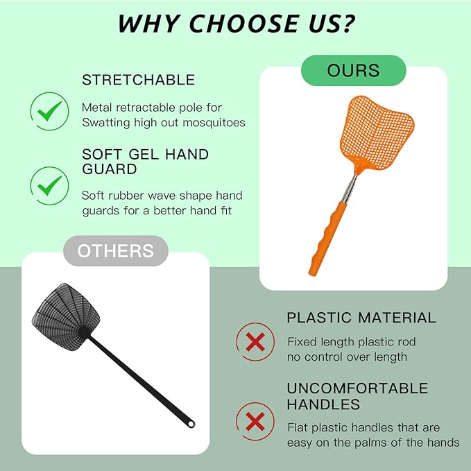 MYSTICHOME Fly Swatter 1 Pack, Durable Heavy Duty Plastic Fly Swatters, Stainless Steel Telescopic FlySwatter for Indoors/Outdoor/Kitchen/Garden (Orange)