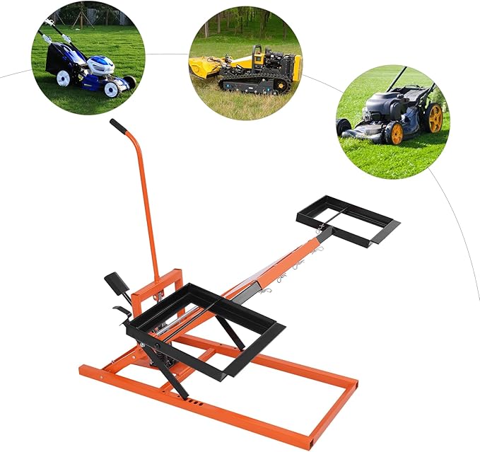 Lawn Mower Lift with Hydraulic Jack 500 Lbs Weight Capacity, Solid Carbon Steel Lawn Mower Lift, Adjustable Wheel Span Lawn Lifter for Garden Tractors and Lawn Mowers (Orange+ Black)