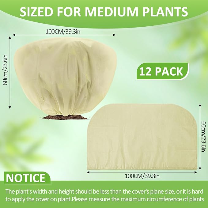 12 Pcs Winter Plant Covers Freeze Protection 39.4x23.6 Inch Horizontal Shrub Tree Rose Plant Protection Bags Frost Blanket with Drawstring for Fall Winter Outdoor Garden Planting (Beige)