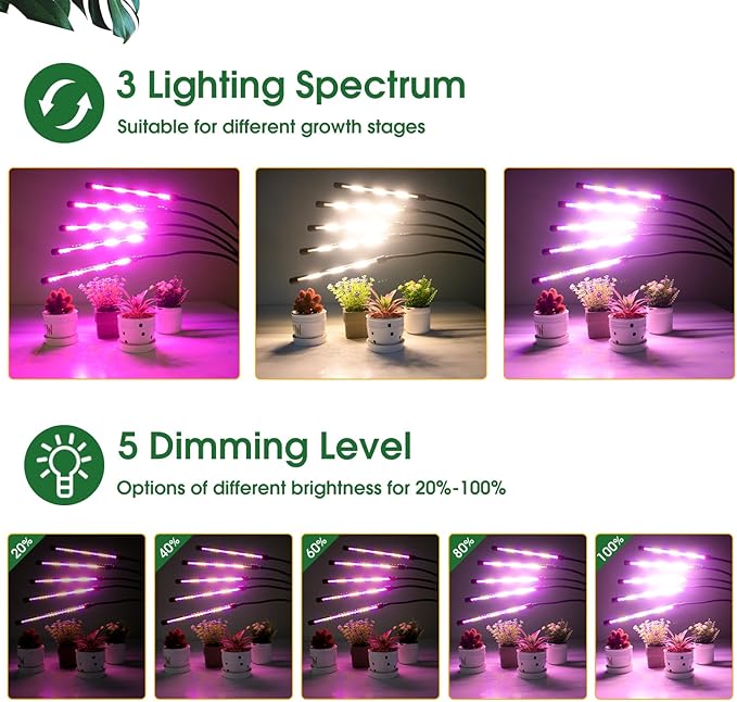 Wolezek Grow Lights for Indoor Plants, 2 Pack Full Spectrum Plant Light with Adjustable Stand, 5-Head LED Grow Light with Auto 6/12/16H Timer, 5 Brightness Levels, Ideal for Large & Tall Plants