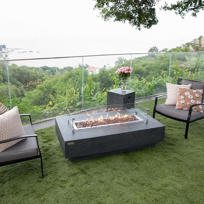 Hampton Concrete Fire Pit 56" x 32" Outdoor Patio Firepit Includes Lava Rocks Modern Fire Pits & Outdoor Fireplaces for Garden, Deck, Indoor & Outdoor Heating